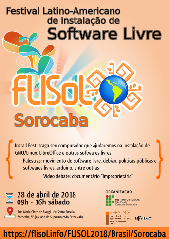 Cartaz de divulgação com as informações resumidas do FLISOL de Sorocaba