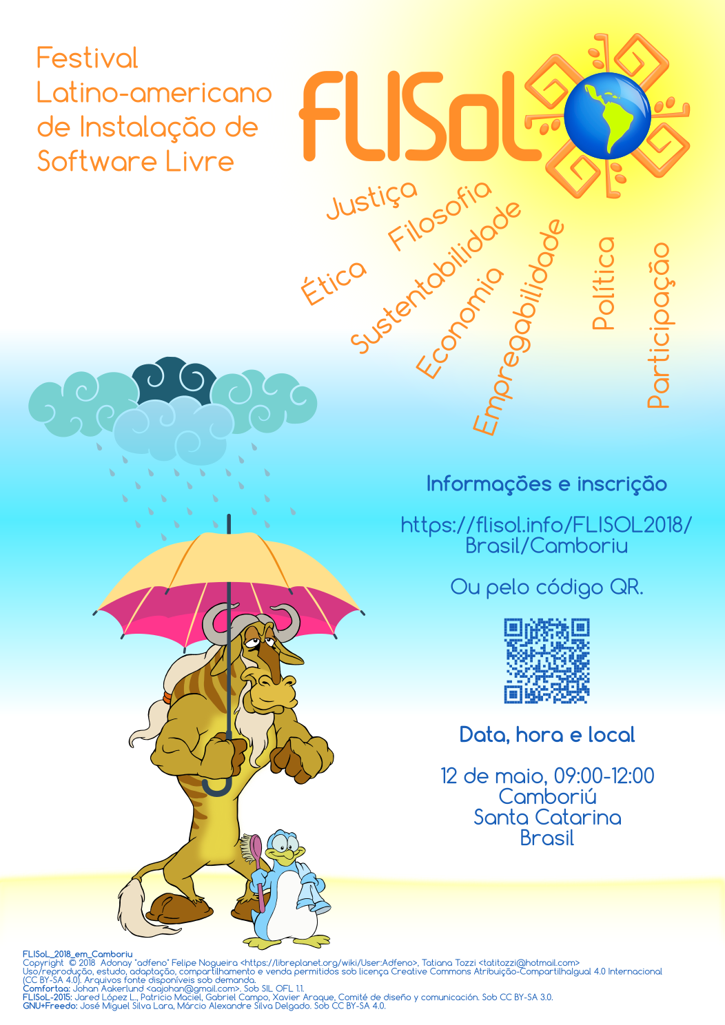 GNU e Freedo de CrazyToon em uma praia. GNU segurando um guarda-chuva para proteger Freedo de uma nuvem, enquanto esperam o sol do FLISoL chegar. A imagem possui código QR e informações do evento sobrepondo a figura.